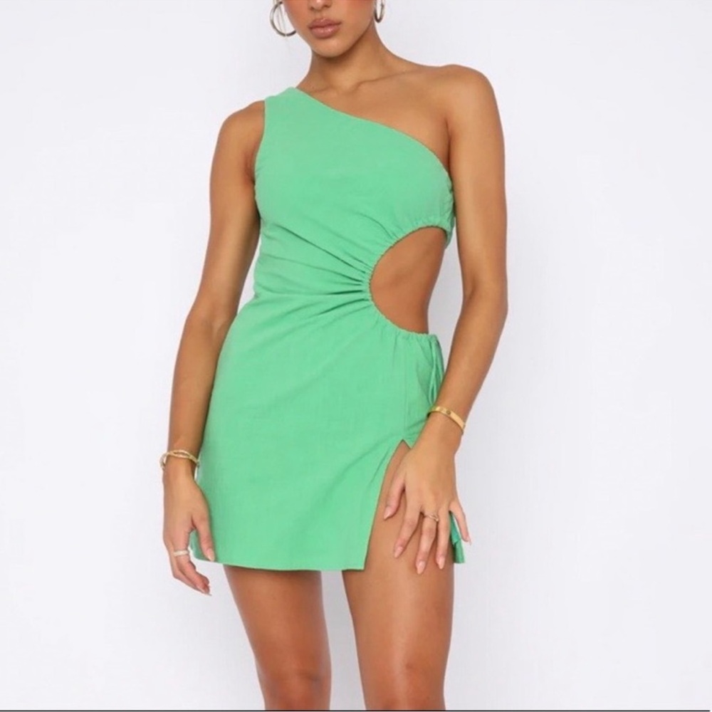 White Fox Green One-Shoulder Linen Cutout Dress NWOT